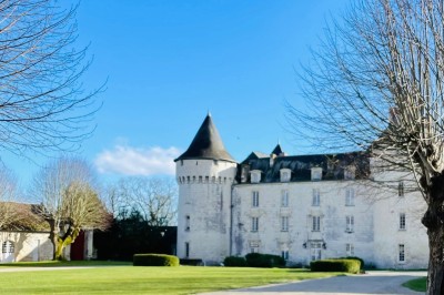 Miniature Location salle Marçay (Indre-et-Loire) - Château de Marcay #58 Chambre avec poutres apparentes, lit double, canapé beige, table basse en verre et murs décorés de papier peint.