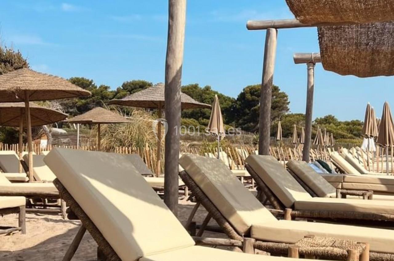 Chaises longues en bois avec coussins beiges alignées sur une plage, sous des parasols et des voiles d'ombrage.