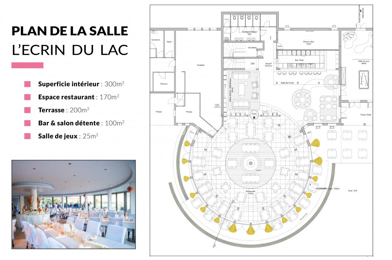 Plan détaillé de la salle ’L'Écrin du Lac’ avec dimensions des espaces et photo d'une salle lumineuse avec vue sur le lac.