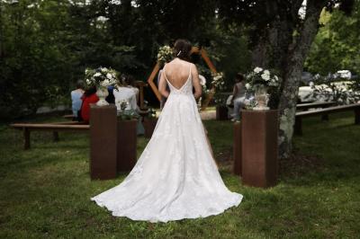 Allée de gravier bordée de rosiers roses en fleurs, entourée de pelouse et d'arbres en arrière-plan.