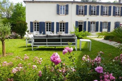 Allée de gravier bordée de rosiers roses en fleurs, entourée de pelouse et d'arbres en arrière-plan.