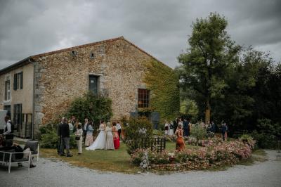 Allée de gravier bordée de rosiers roses en fleurs, entourée de pelouse et d'arbres en arrière-plan.