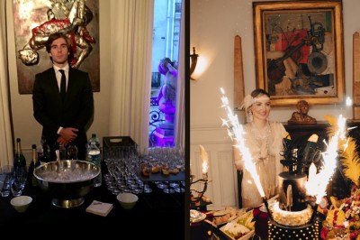 Image 1 : Un couple coupe un gâteau de mariage entouré d'invités et d'une table garnie de desserts. Image 2 : Salle de…