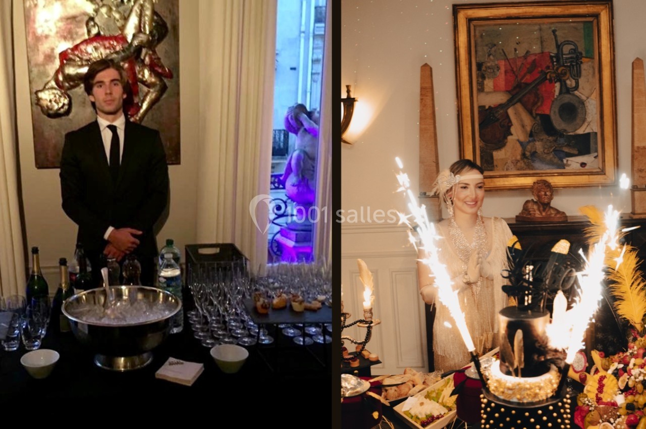 À gauche, un serveur en costume devant une table de boissons ; à droite, une femme souriante près d'un gâteau avec des…