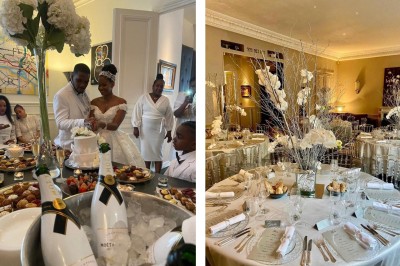 Image 1 : Un couple coupe un gâteau de mariage entouré d'invités et d'une table garnie de desserts. Image 2 : Salle de…
