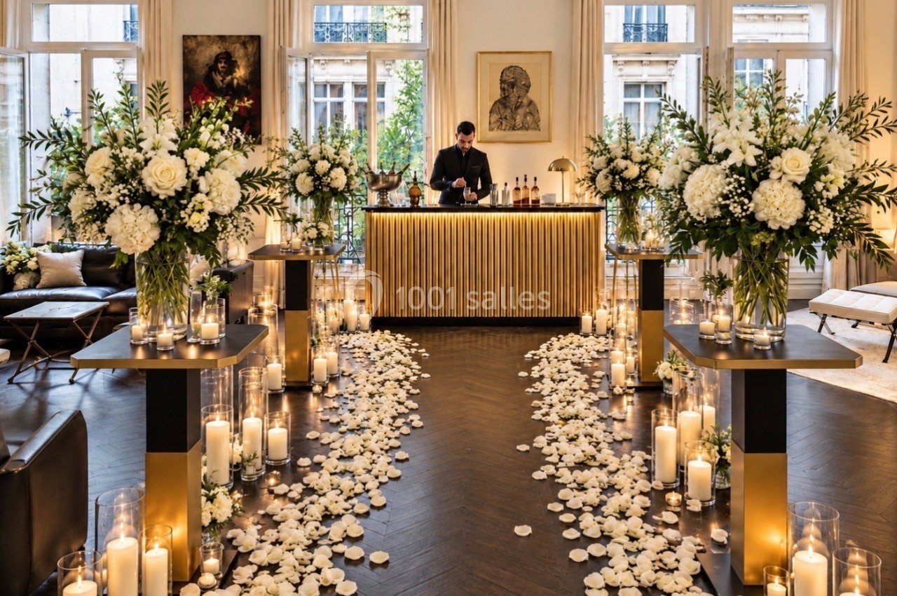 Location salle Paris 8 (Paris) - Le Loft Triangle d'Or Champs-Élysées #51 Salle élégante décorée pour un événement, avec des fleurs blanches, des bougies et un bar en arrière-plan.