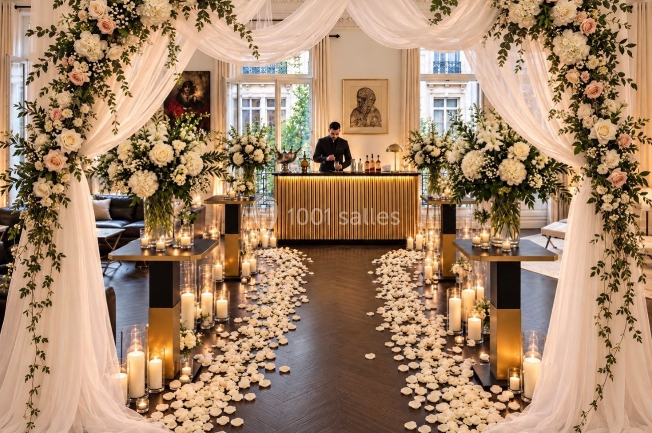 Location salle Paris 8 (Paris) - Le Loft Triangle d'Or Champs-Élysées #52 Allée décorée de pétales, bougies et fleurs blanches menant à un bar doré dans une salle élégante.