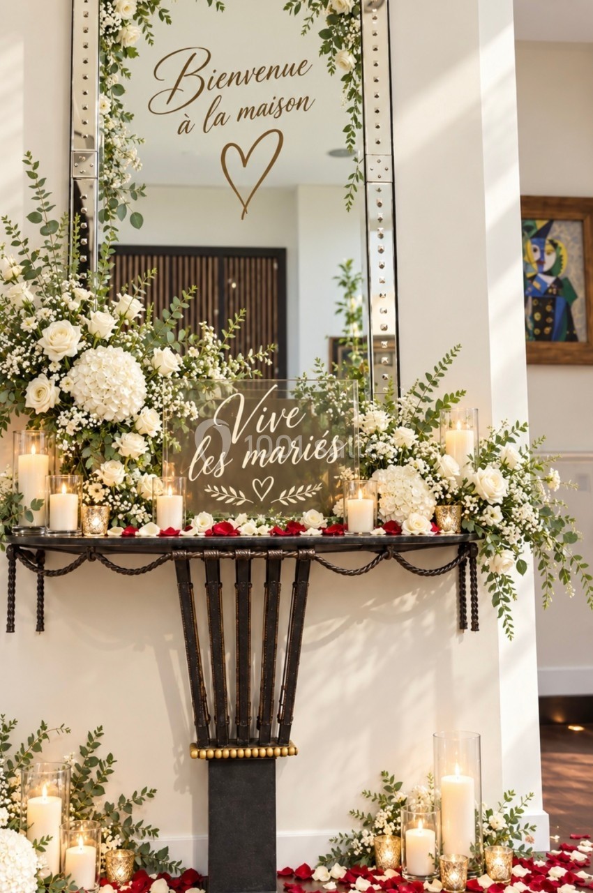 Location salle Paris 8 (Paris) - Le Loft Triangle d'Or Champs-Élysées #53 Décoration florale avec bougies et pétales rouges autour d'un miroir portant les messages ’Bienvenue à la maison’ et ’Vive…