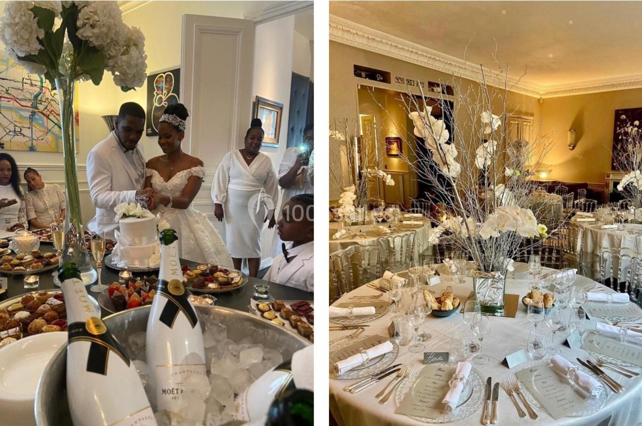 À gauche, un couple coupe un gâteau de mariage entouré d'invités ; à droite, une salle décorée pour une réception élégante.