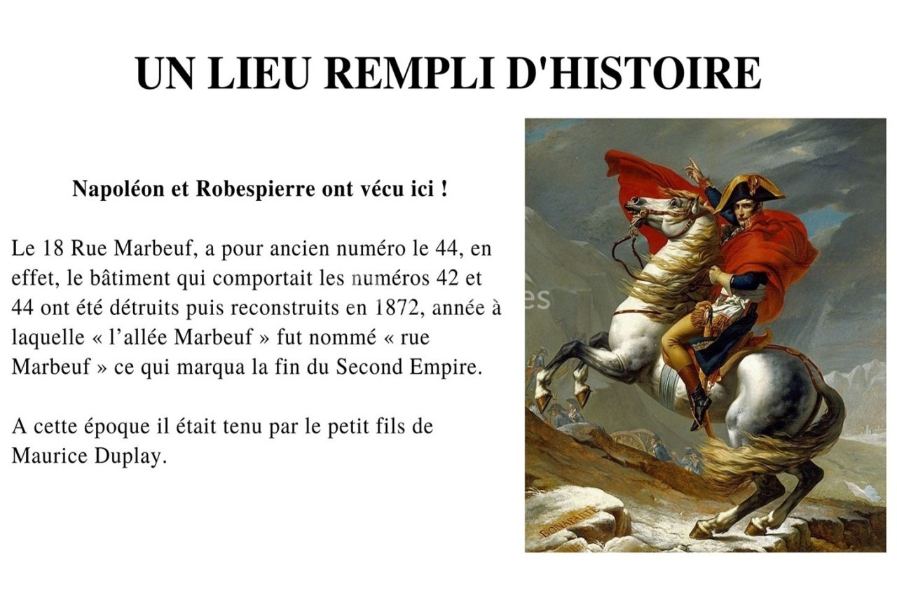 Illustration de Napoléon à cheval, accompagnée d'un texte évoquant l'histoire du 18 Rue Marbeuf et de ses occupants célèbres.
