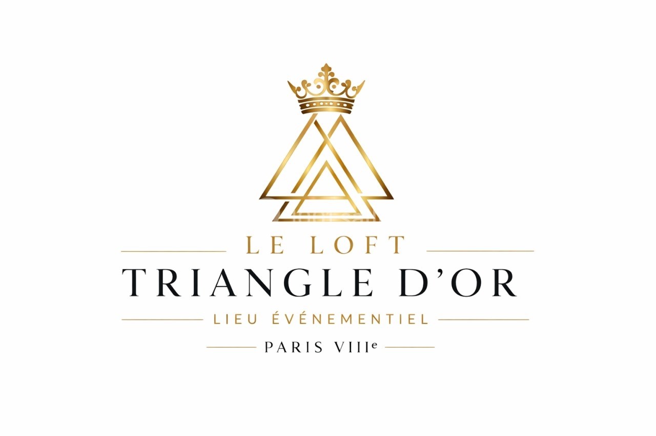 Logo du ’Loft Triangle d'Or’ avec des triangles dorés, une couronne et des inscriptions indiquant un lieu événementiel à…