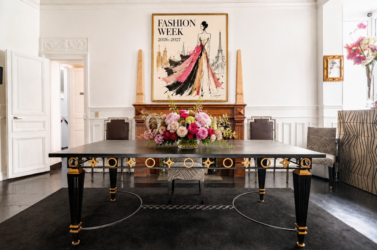 Table en bois sombre ornée de motifs dorés, décorée d'un bouquet de fleurs, dans une pièce élégante avec une affiche murale.