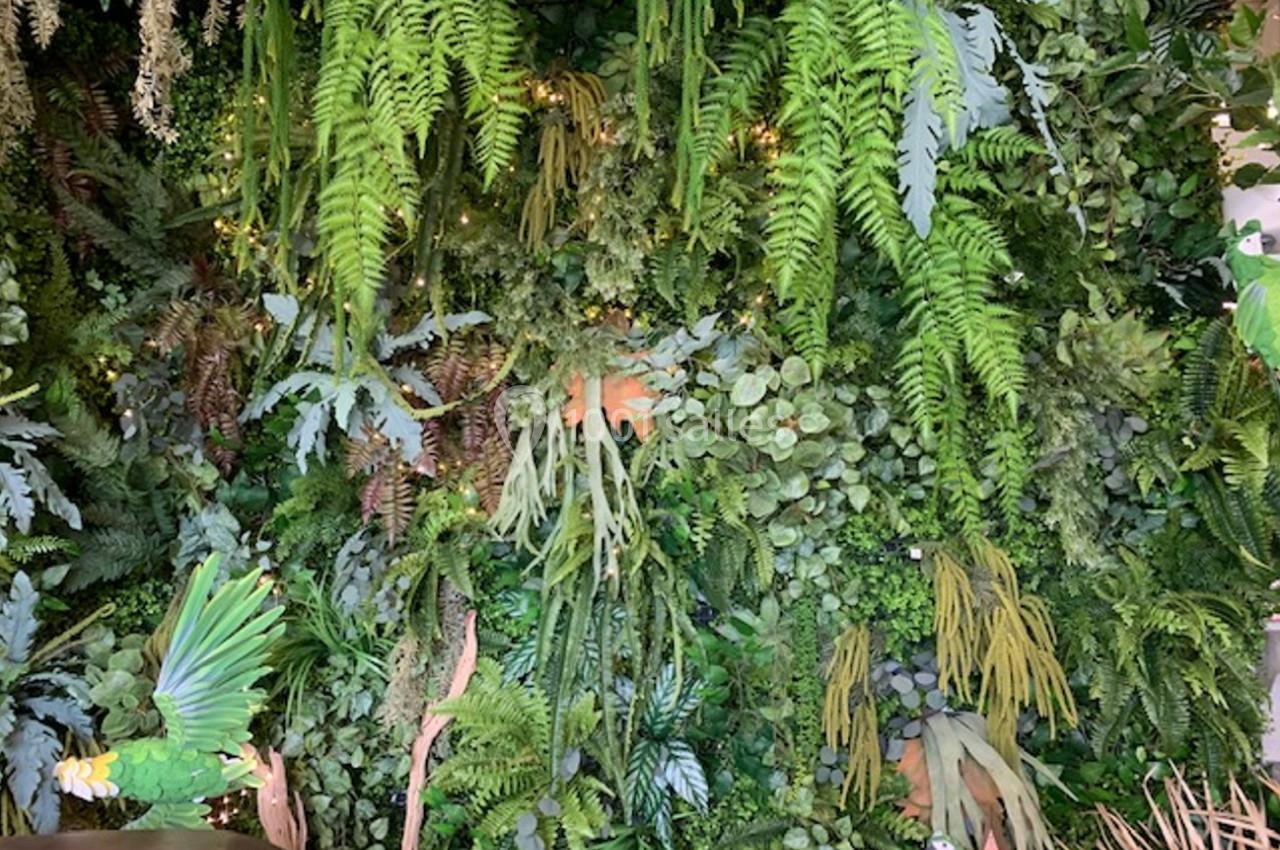 Mur végétal dense composé de diverses plantes vertes et feuillages, éclairé par une lumière douce.