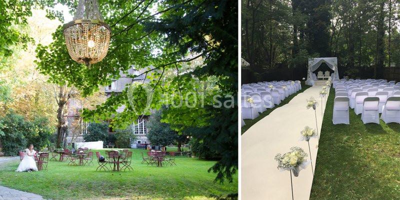 À gauche, un jardin avec tables et une mariée; à droite, une allée décorée pour une cérémonie en plein air.