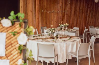 Champ de vignes baigné par la lumière dorée d'un coucher de soleil, avec des arbres et des bâtiments en arrière-plan.