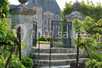 Vue aérienne d'un château entouré d'un parc, d'un étang et d'un village avec des maisons et des espaces verts.