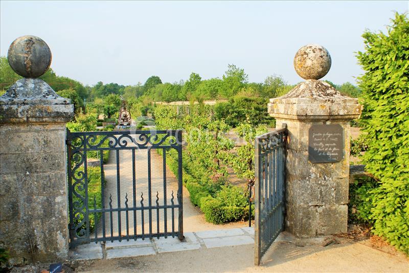 Portail en fer forgé ouvert menant à un jardin verdoyant avec des allées bordées de plantes et d'arbustes.