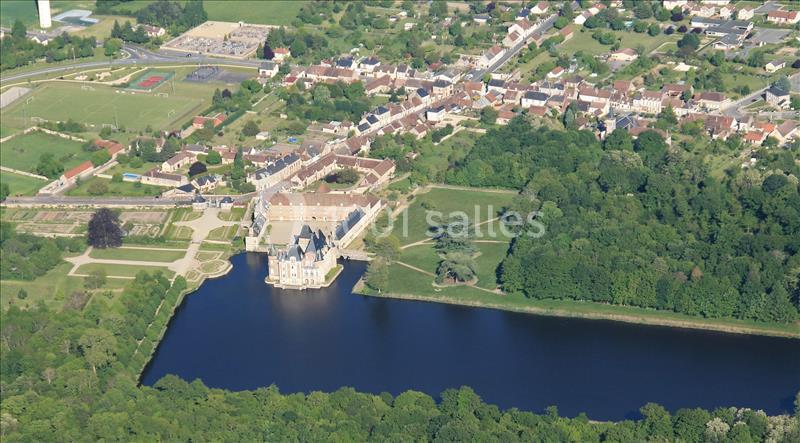 Vue aérienne d'un château entouré d'un parc, d'un étang et d'un village avec des maisons et des espaces verts.
