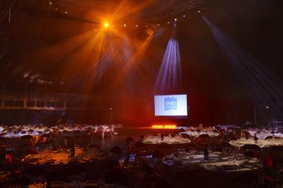 Un acrobate réalise une figure sur un tissu aérien sous un chapiteau éclairé par des lumières colorées.