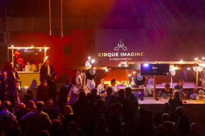 Un acrobate réalise une figure sur un tissu aérien sous un chapiteau éclairé par des lumières colorées.