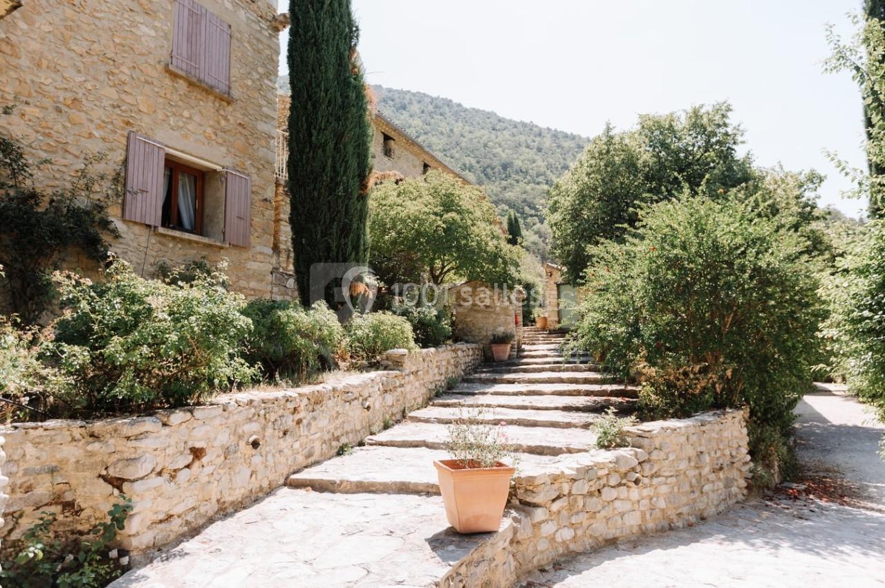 Rue pavée bordée de maisons en pierre, plantes et arbres, dans un village provençal sous un ciel clair.