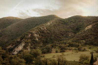 Des personnes discutent autour d'une table en tonneau, partageant des viennoiseries dans un cadre extérieur verdoyant.