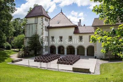 Un grand groupe de personnes en t-shirts verts pose joyeusement devant des véhicules stationnés en extérieur.