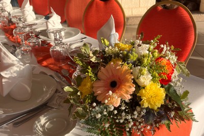 Table ronde élégamment dressée avec vaisselle, couverts, serviettes roses et centre de table floral coloré.