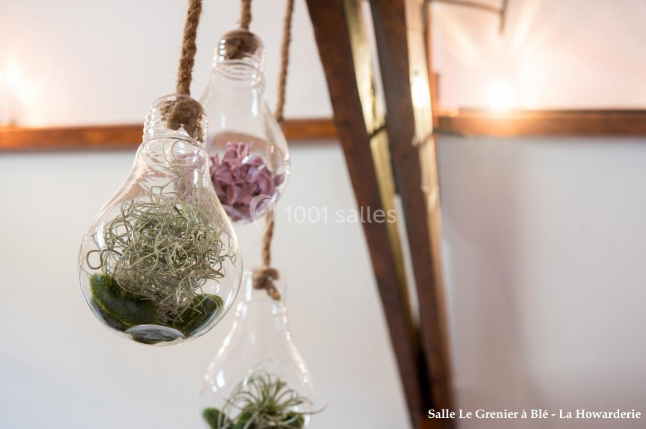 Suspensions décoratives en forme d'ampoules contenant des plantes et des éléments naturels, accrochées par des cordes.