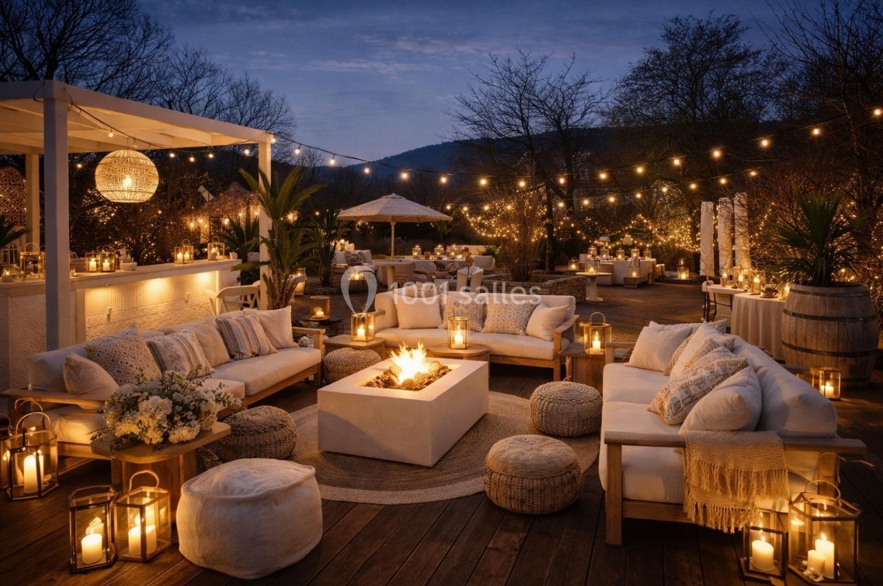 Terrasse extérieure aménagée avec des canapés, un brasero central et des guirlandes lumineuses sous un ciel nocturne.