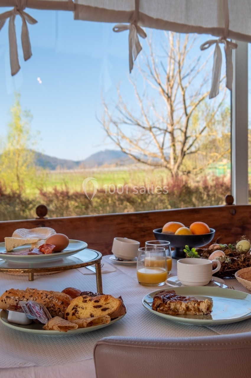 Petit-déjeuner composé de viennoiseries, fruits et boissons, servi sur une table avec vue sur un paysage champêtre.