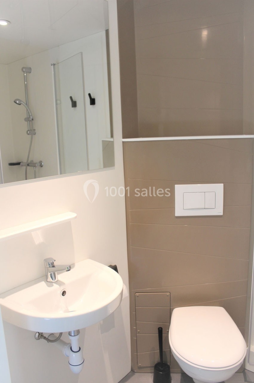 Location salle Merdrignac (Côtes-d'Armor) - Val de Landrouet #22 Salle de bain moderne avec lavabo, miroir, toilettes suspendues et douche en arrière-plan.