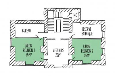 Plan d'un espace professionnel avec deux salons de réunion de 25 m², un vestiaire, un bureau, un WC et une réserve technique.
