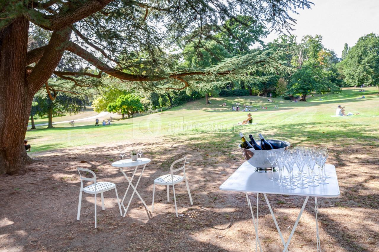 Table avec des verres et un seau à champagne sous un arbre, dans un parc verdoyant avec des promeneurs en arrière-plan.