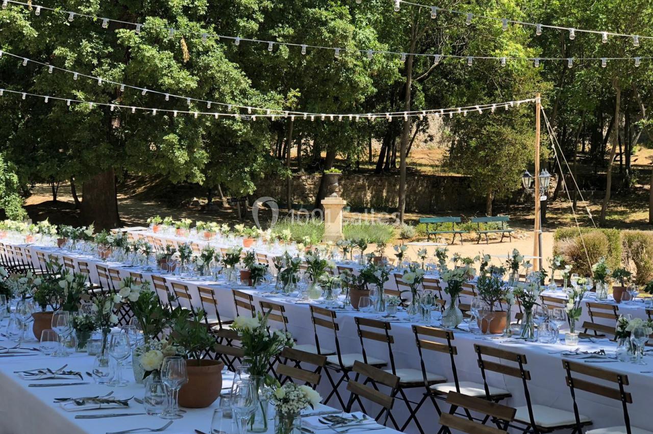 Tables longues décorées pour un repas en extérieur, avec nappes blanches, fleurs et guirlandes lumineuses sous des arbres.