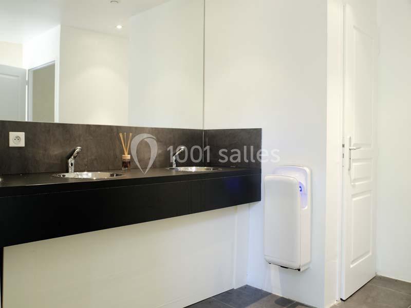 Deux lavabos avec miroir mural, sèche-mains mural blanc et décoration minimaliste dans une salle de bain moderne.