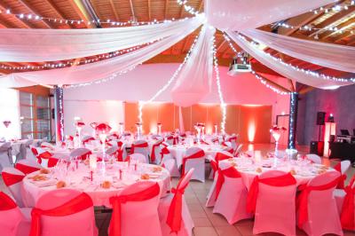 Vue d'une prairie verdoyante avec un grand arbre à gauche et des bâtiments ruraux sous un ciel dégagé.