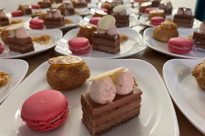 Vue d'une prairie verdoyante avec un grand arbre à gauche et des bâtiments ruraux sous un ciel dégagé.