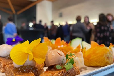 Vue d'une prairie verdoyante avec un grand arbre à gauche et des bâtiments ruraux sous un ciel dégagé.