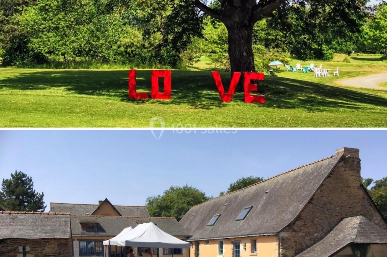 1. Lettres rouges formant ’LOVE’ disposées sur une pelouse sous un grand arbre dans un parc. 2. Limousine blanche garée…