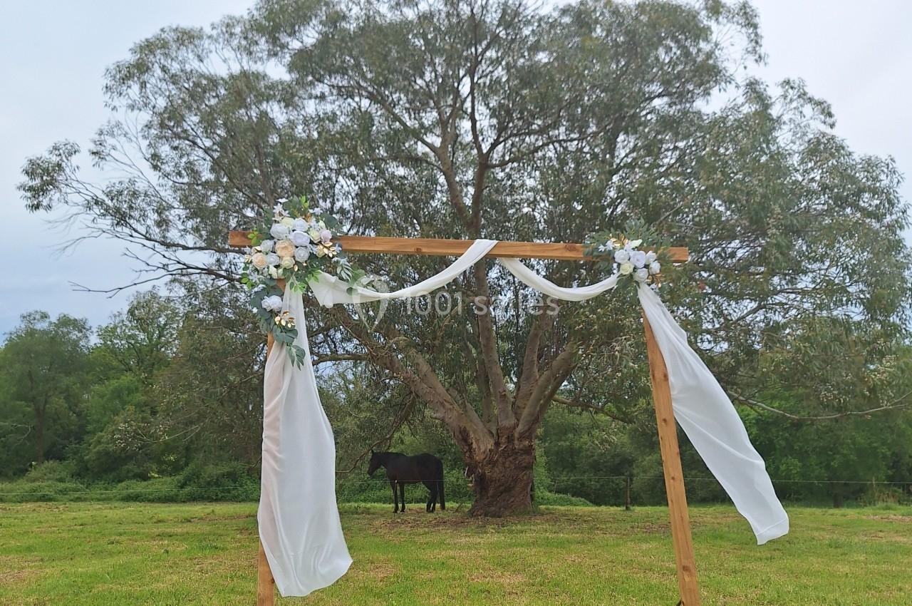Arche de mariage en bois décorée de voilages blancs et de fleurs, installée dans un champ devant un grand arbre.