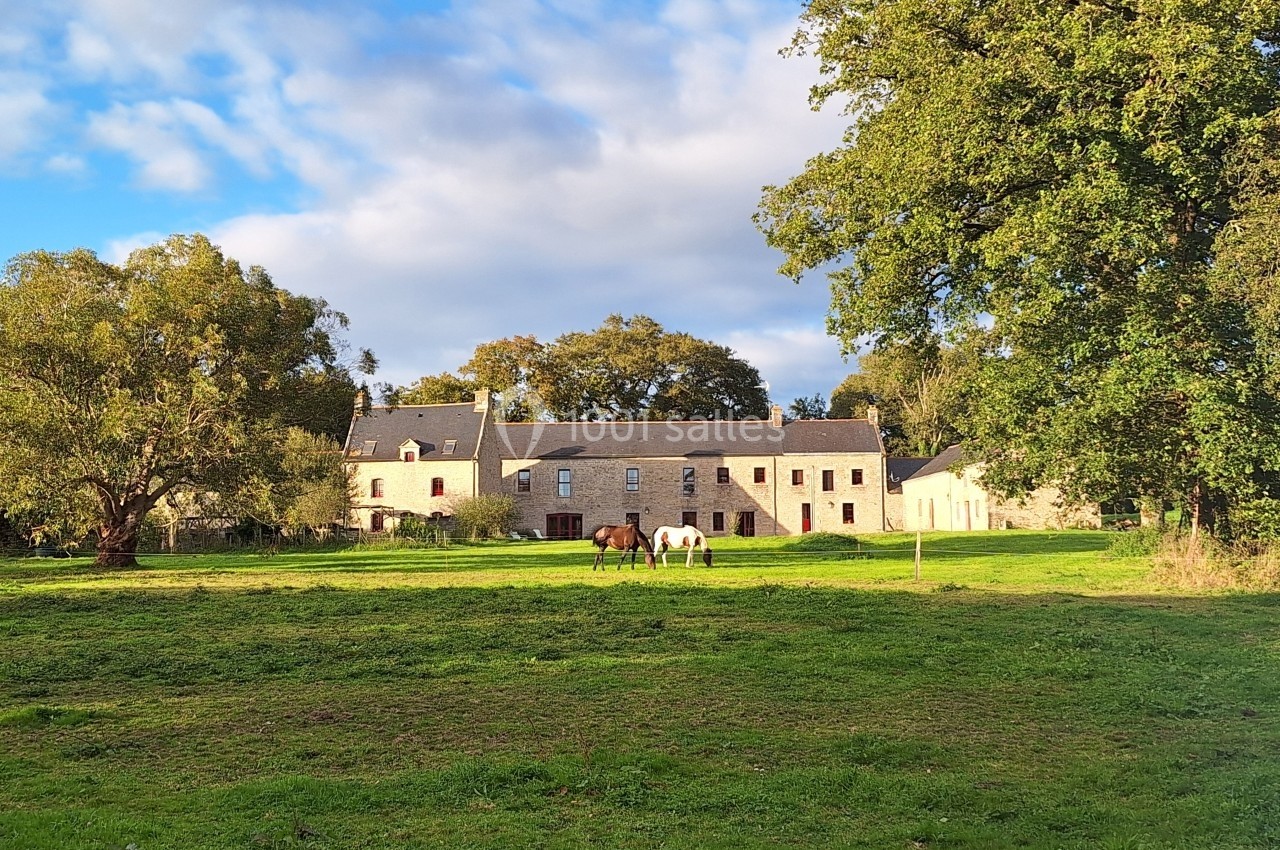 Deux chevaux broutent dans un pré verdoyant devant un grand bâtiment en pierre entouré d'arbres.