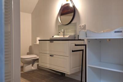 Miniature Salle de bain du gîte (équipée bébé) Arbre majestueux au centre d'une prairie verdoyante, éclairé par le soleil filtrant à travers ses branches.