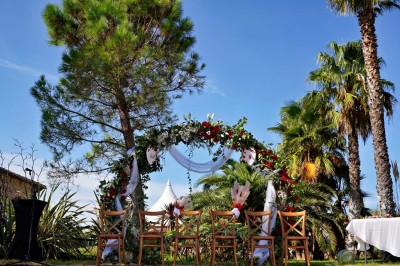 Chaises longues alignées devant un mur en pierre, entourées de grands arbres sous un ciel bleu clair.