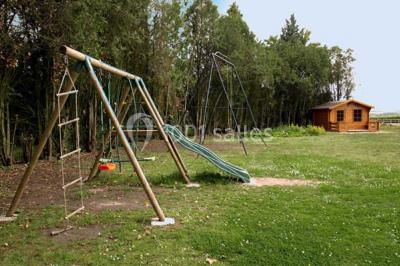 Terrasse ensoleillée avec tables et chaises en bois, entourée de verdure et d'une façade recouverte de lierre.