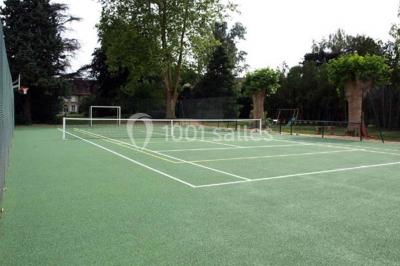 Terrasse ensoleillée avec tables et chaises en bois, entourée de verdure et d'une façade recouverte de lierre.
