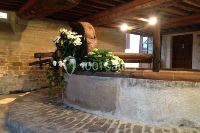 Grand espace vert avec des tentes blanches installées sur une pelouse, entouré d'arbres et d'un ciel partiellement nuageux.