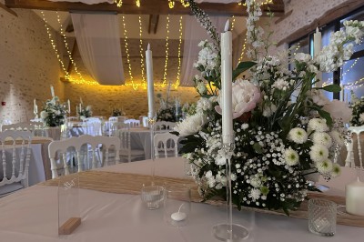 Cuisine professionnelle avec plans de travail en inox, assiettes alignées, et plats préparés sur un évier.