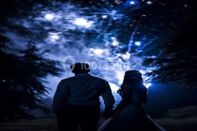 Un couple regarde un feu d'artifice illuminant le ciel nocturne, entouré d'arbres sombres.