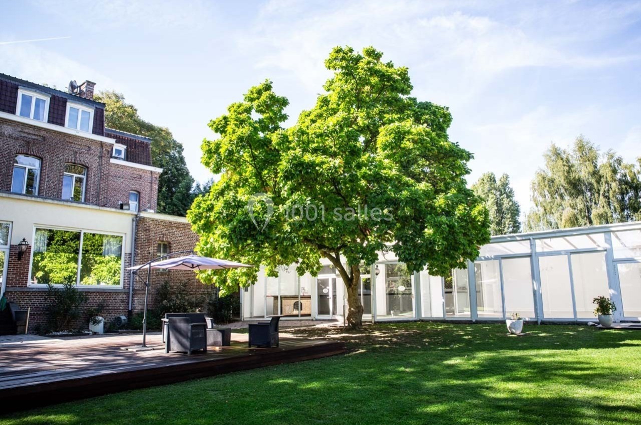 Grand arbre au feuillage dense dans un jardin avec pelouse, terrasse en bois et bâtiments en arrière-plan.